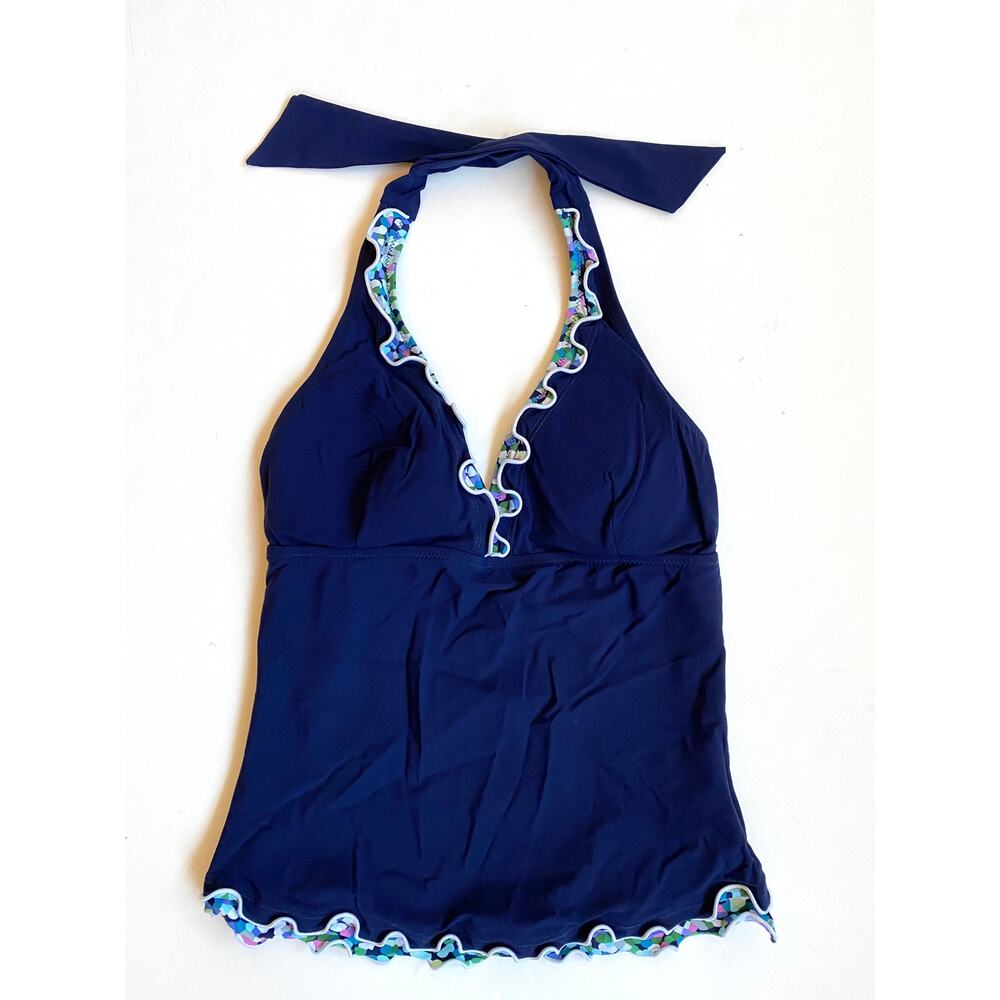 Profile by Gottex 6 Navy‎ Blue Ruffle Edge Halter Style Tankini Top PRISTINE